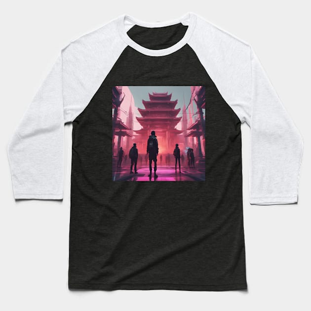 AI Generated Art | Cyberpunk Japanese Temple | Shrine Baseball T-Shirt by blue-koala